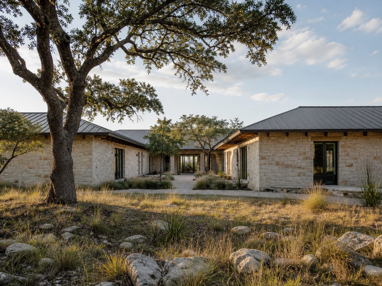 Design visualization: the courtyard-home finish level Riverbend builds to, illustrative only