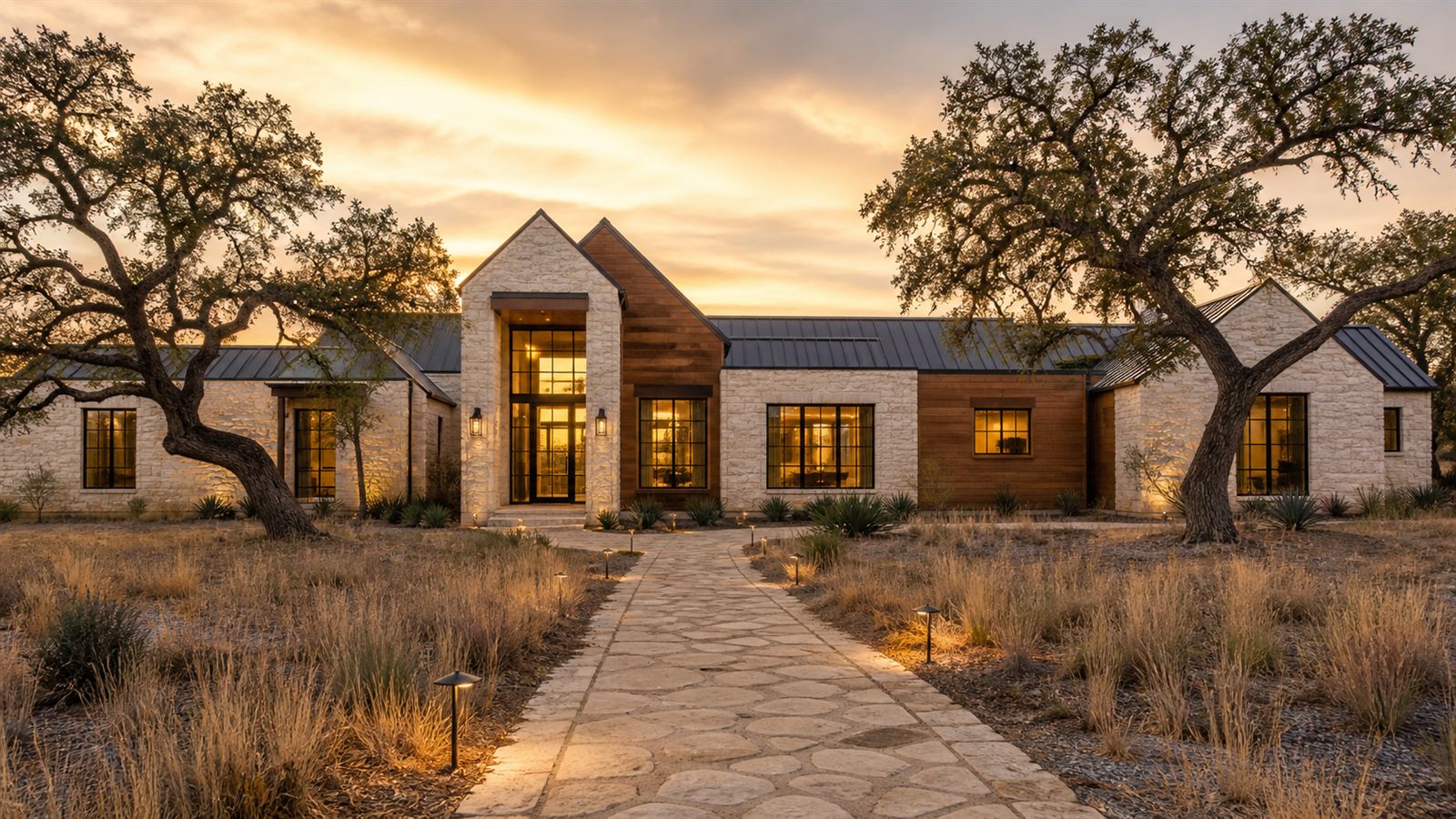 Limestone and wood custom home at golden hour in the Texas Hill Country near Dripping Springs