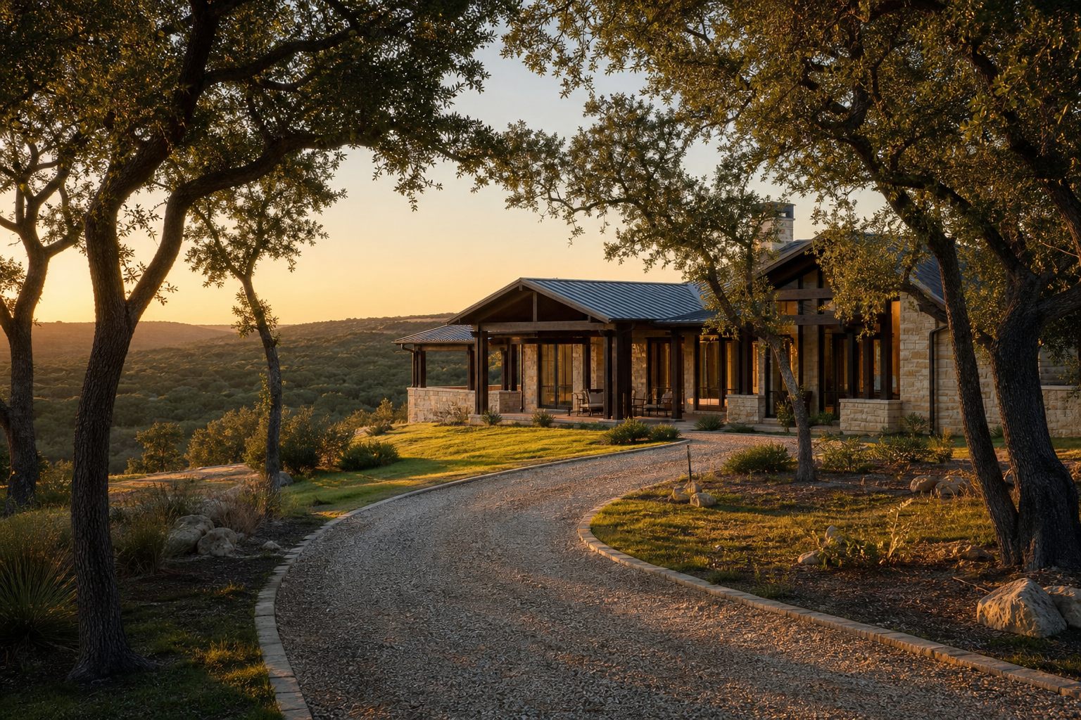 Custom home on Hill Country acreage at golden hour