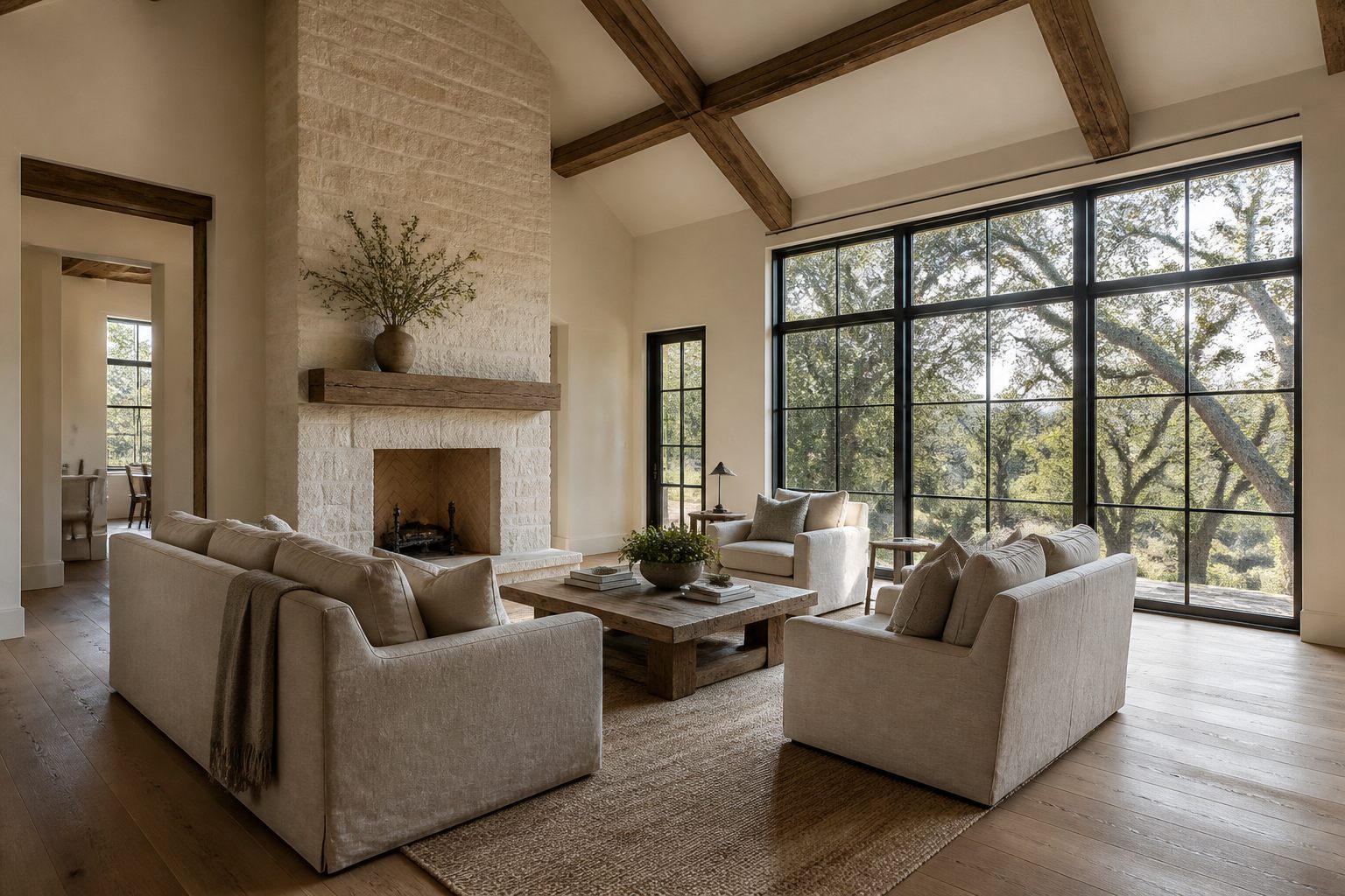 Renovated living room with wood beams and steel windows
