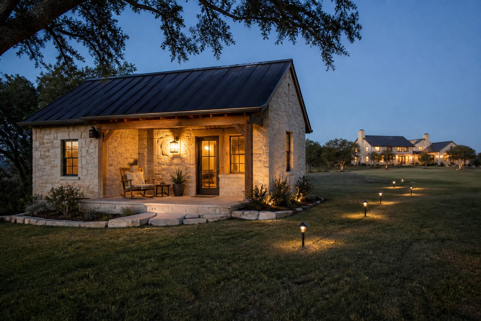 Limestone casita guest house with lit porch at dusk