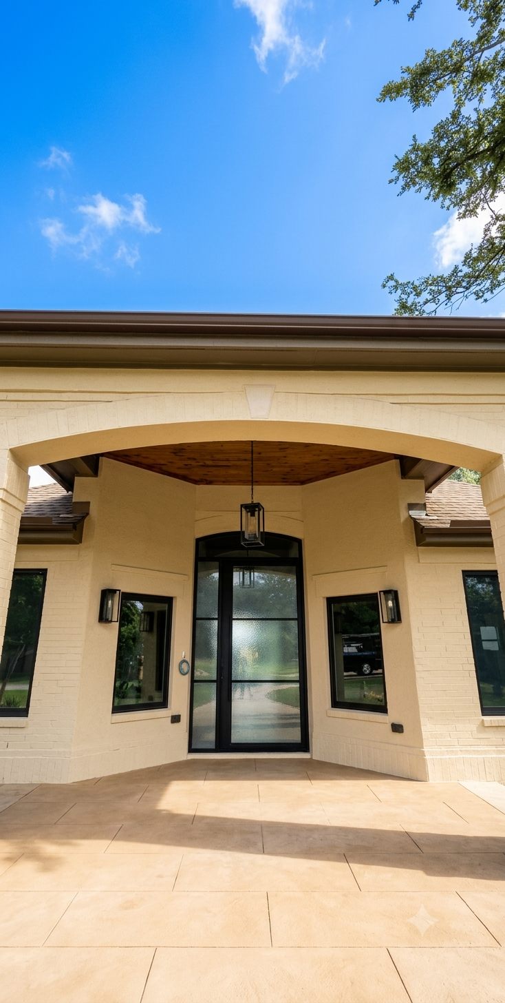 After: the same front entry, lime-washed with a black iron pivot door and lantern