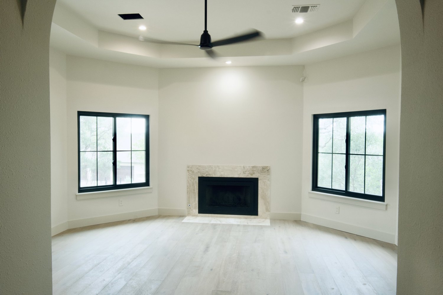 The primary bedroom of the San Marcos project, photographed on completion