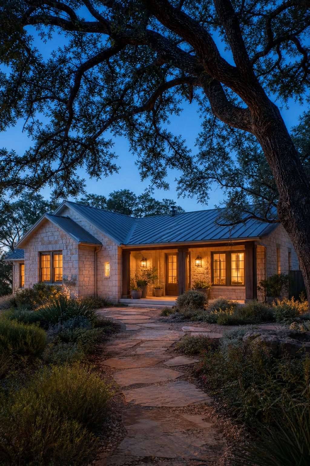 Limestone Hill Country home with a lit porch under a live oak at twilight