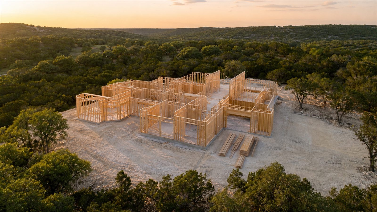 Custom home framing rising on a cleared Hill Country homesite among live oaks at sunset