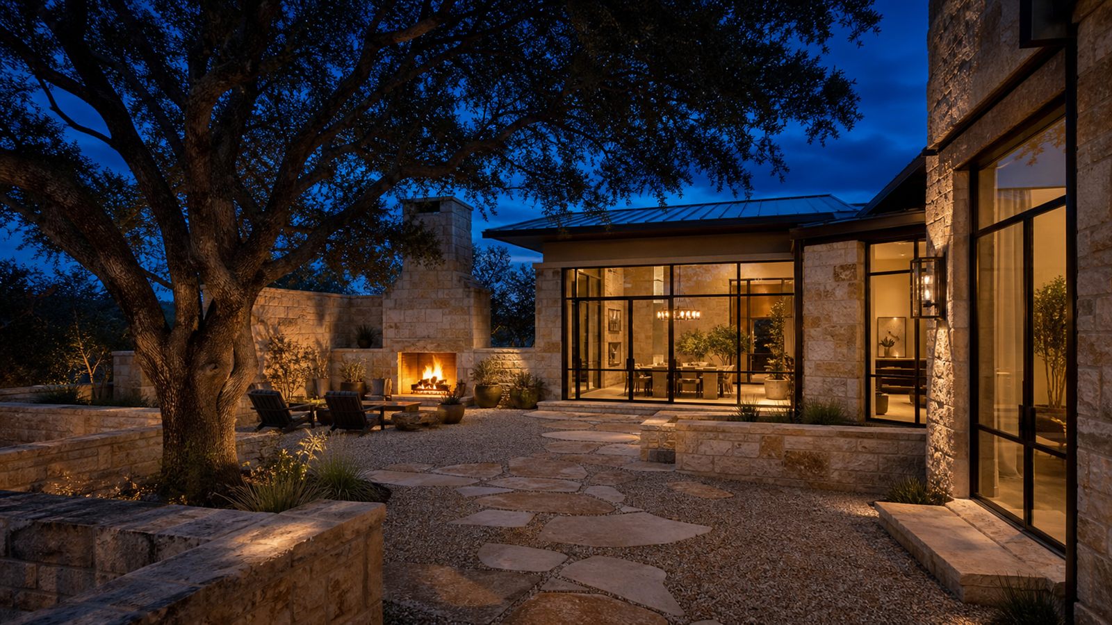 Limestone custom home courtyard at dusk with an outdoor fireplace and live oak
