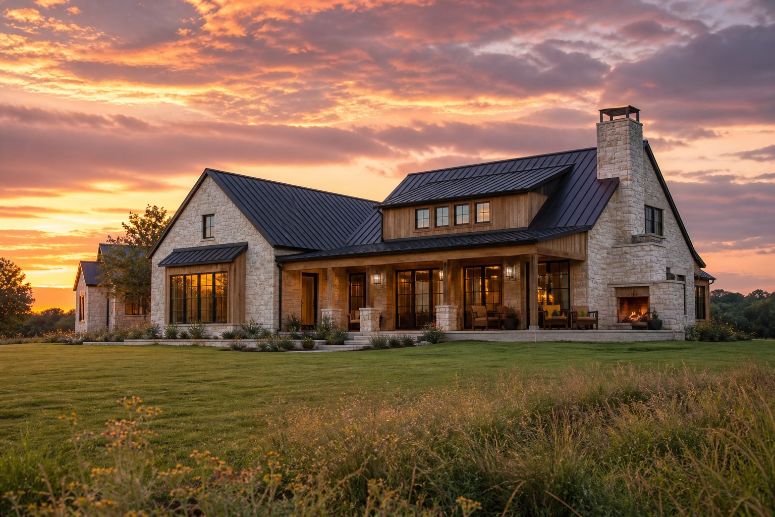 Limestone and wood custom home at golden hour in the Texas Hill Country near Bee Cave
