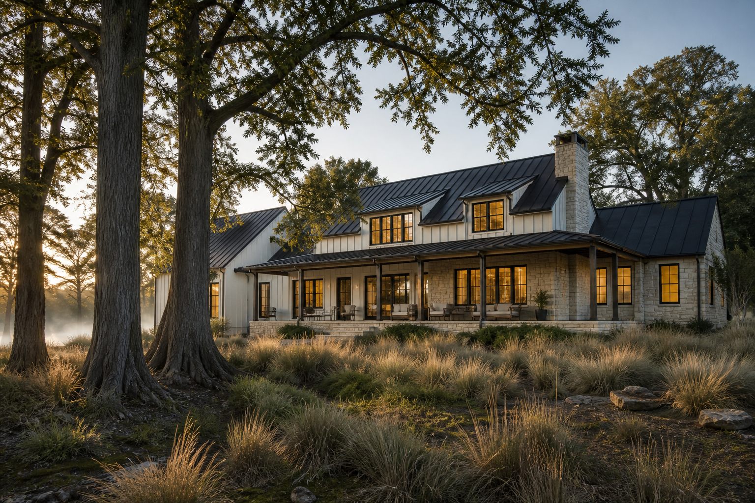 Limestone and board-and-batten custom home among bald cypress trees in the Wimberley river valley at golden hour